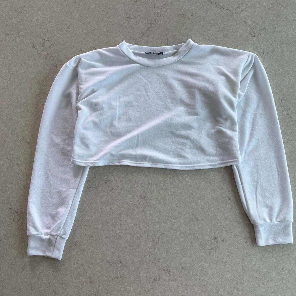 Boohoo Women's White Long Sleeve Cropped Crew Neck Sweatshirt Size Large